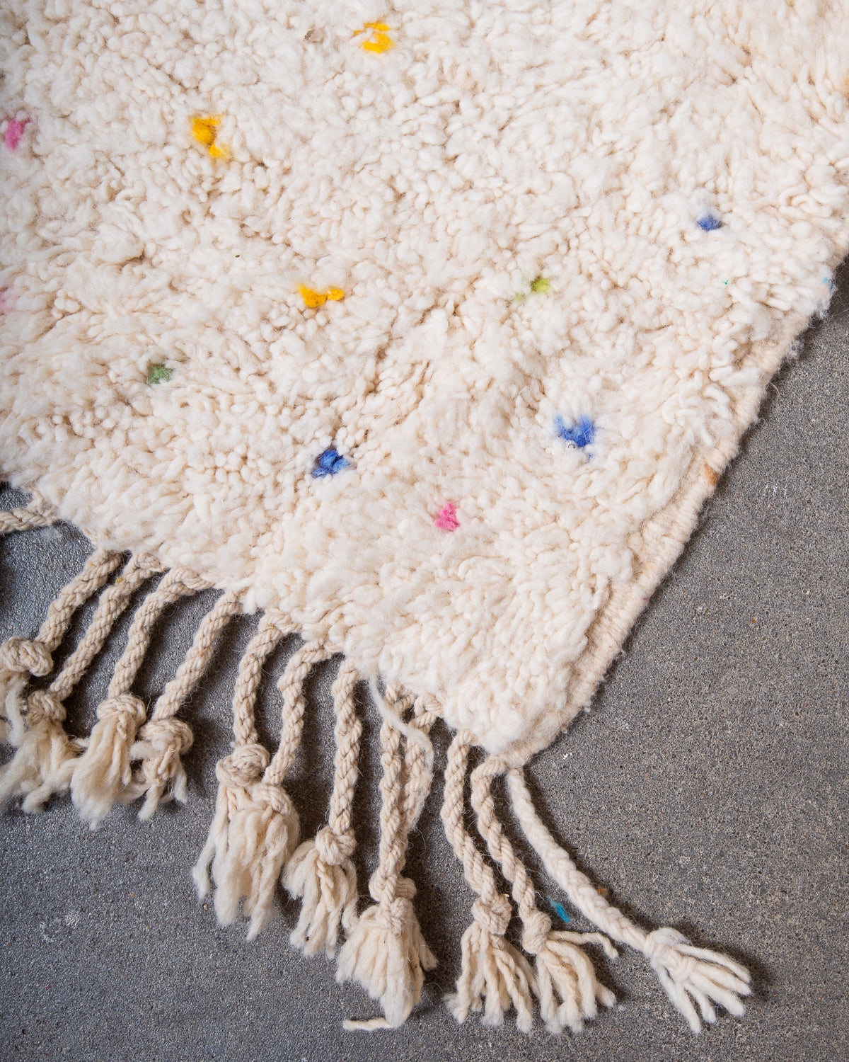 Modern, designer, handcrafted Berber rug from Morocco. Beniourain carpet with beautiful colours and patterns and fluffy wool texture.
